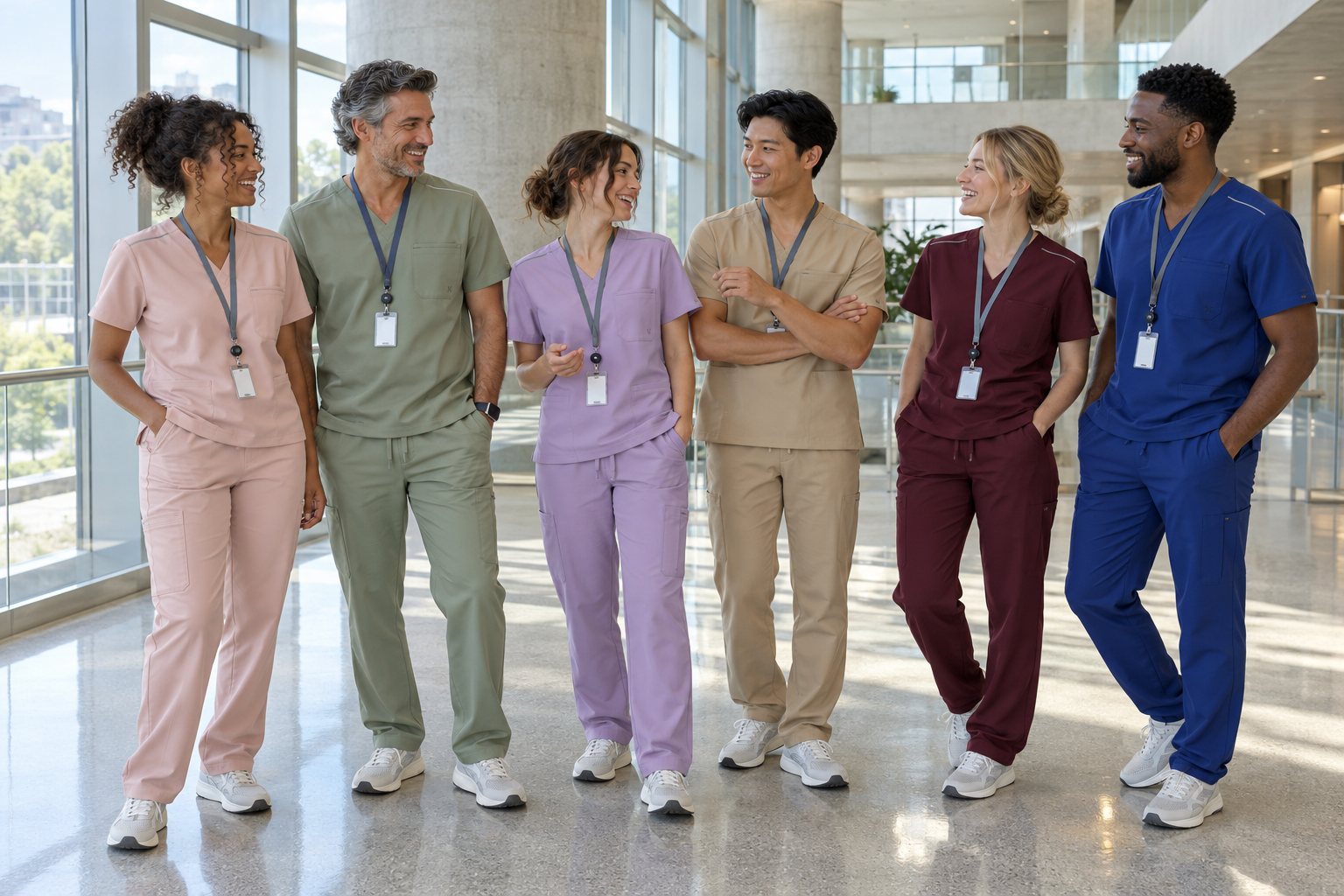 Six clinicians in a hospital atrium wearing the same scrubs in Dawn, Sage, Lilac, Sand, Burgundy and Cobalt
