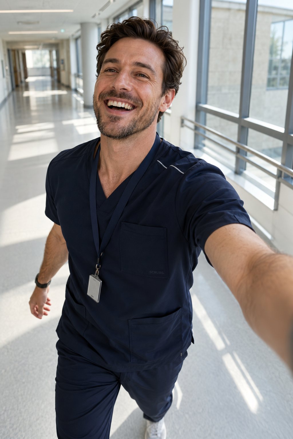 A physiotherapist in SCRUBS Clothing filming a walking talking-head video on his phone in a hospital corridor