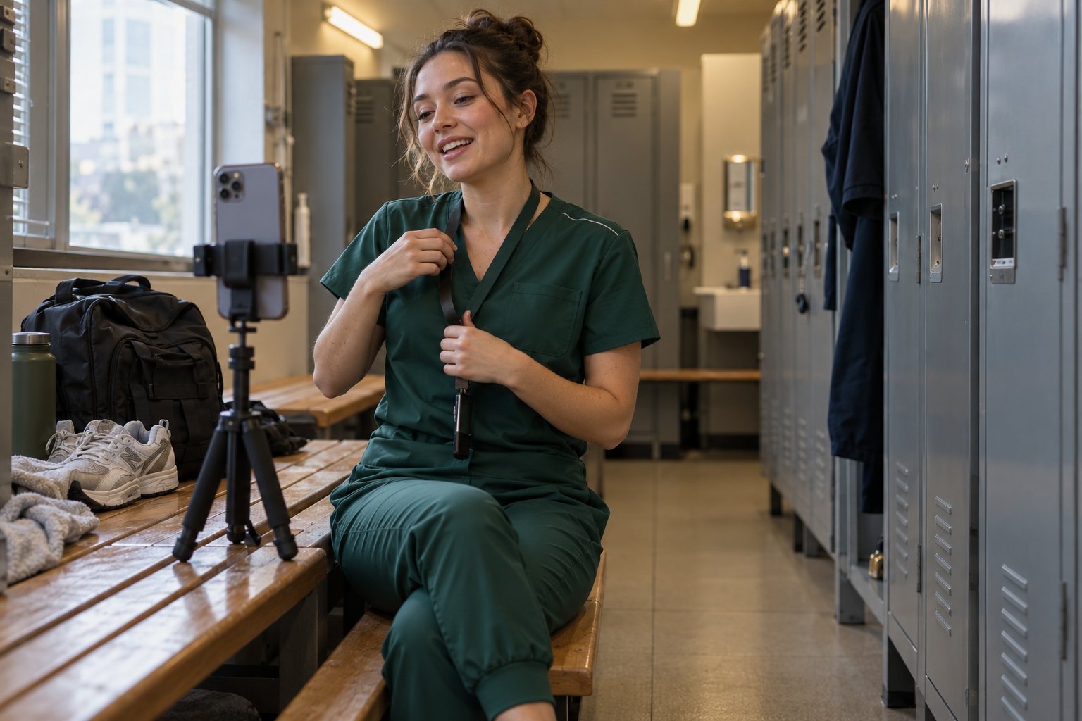 A nurse filming a get-ready-with-me video on her phone in a hospital locker room, in Theatre Green SCRUBS Clothing