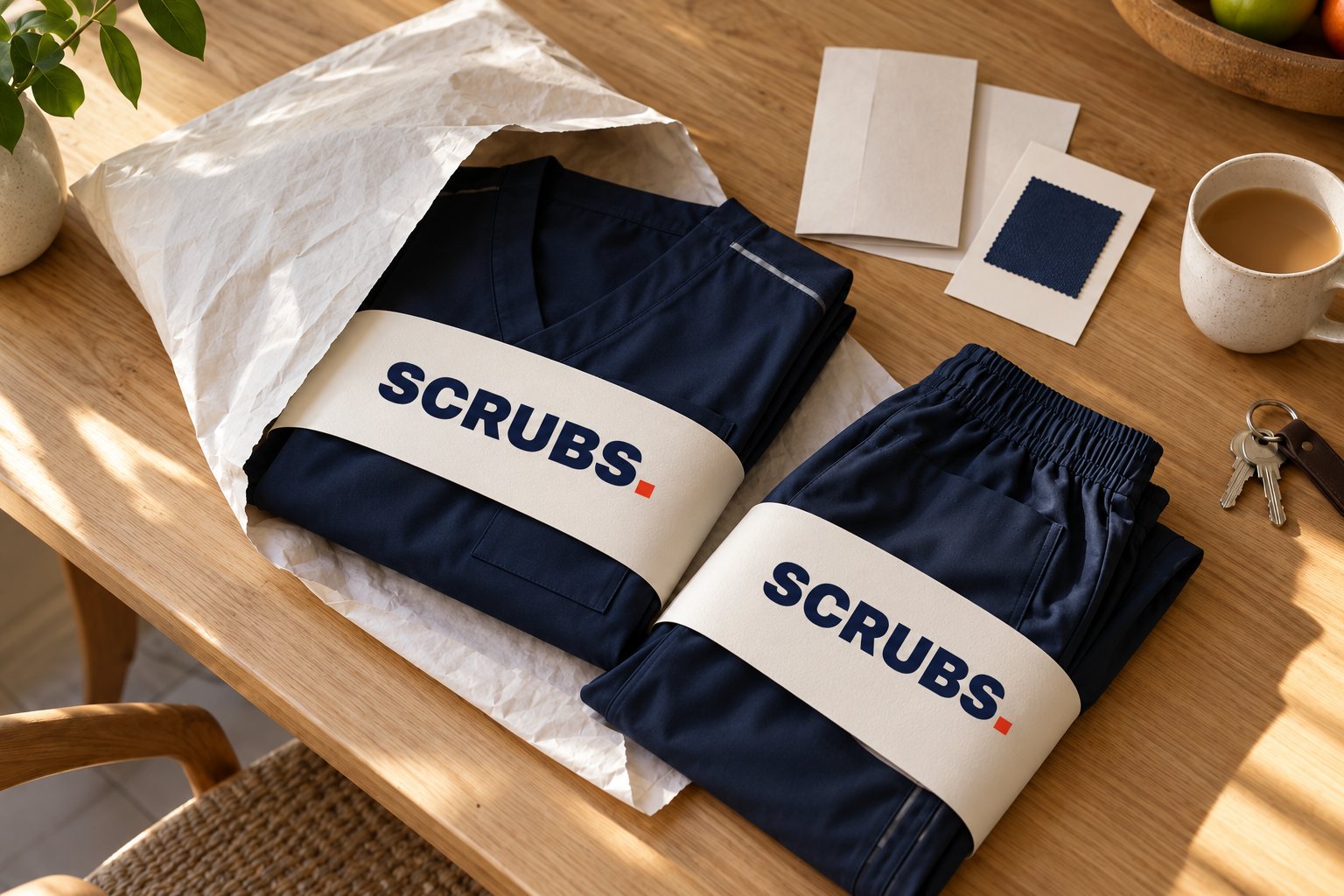 A SCRUBS Clothing parcel open on a kitchen table: a folded Night Navy top and trouser, tissue band and the prepaid swap label