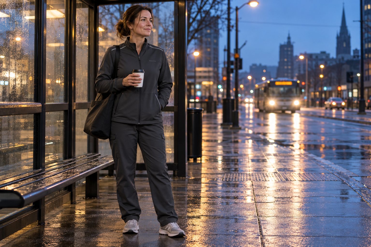 A paramedic at a bus stop at 6am in a Charcoal jacket with a coffee