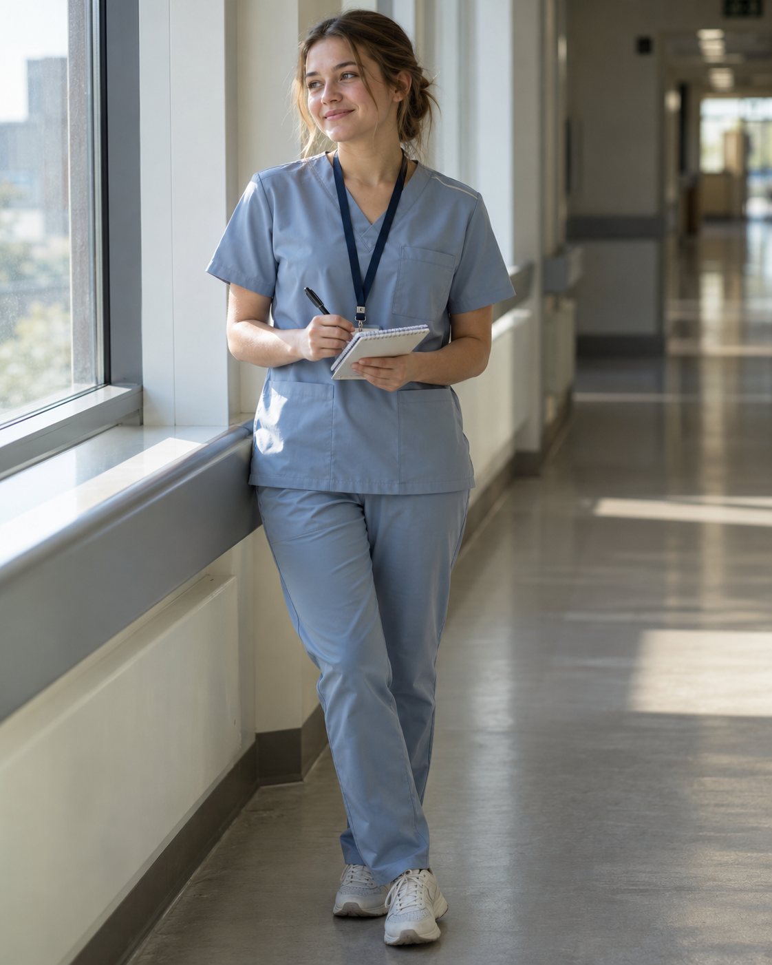 A nursing student on placement in Ward Blue SCRUBS Clothing with a student lanyard and notebook
