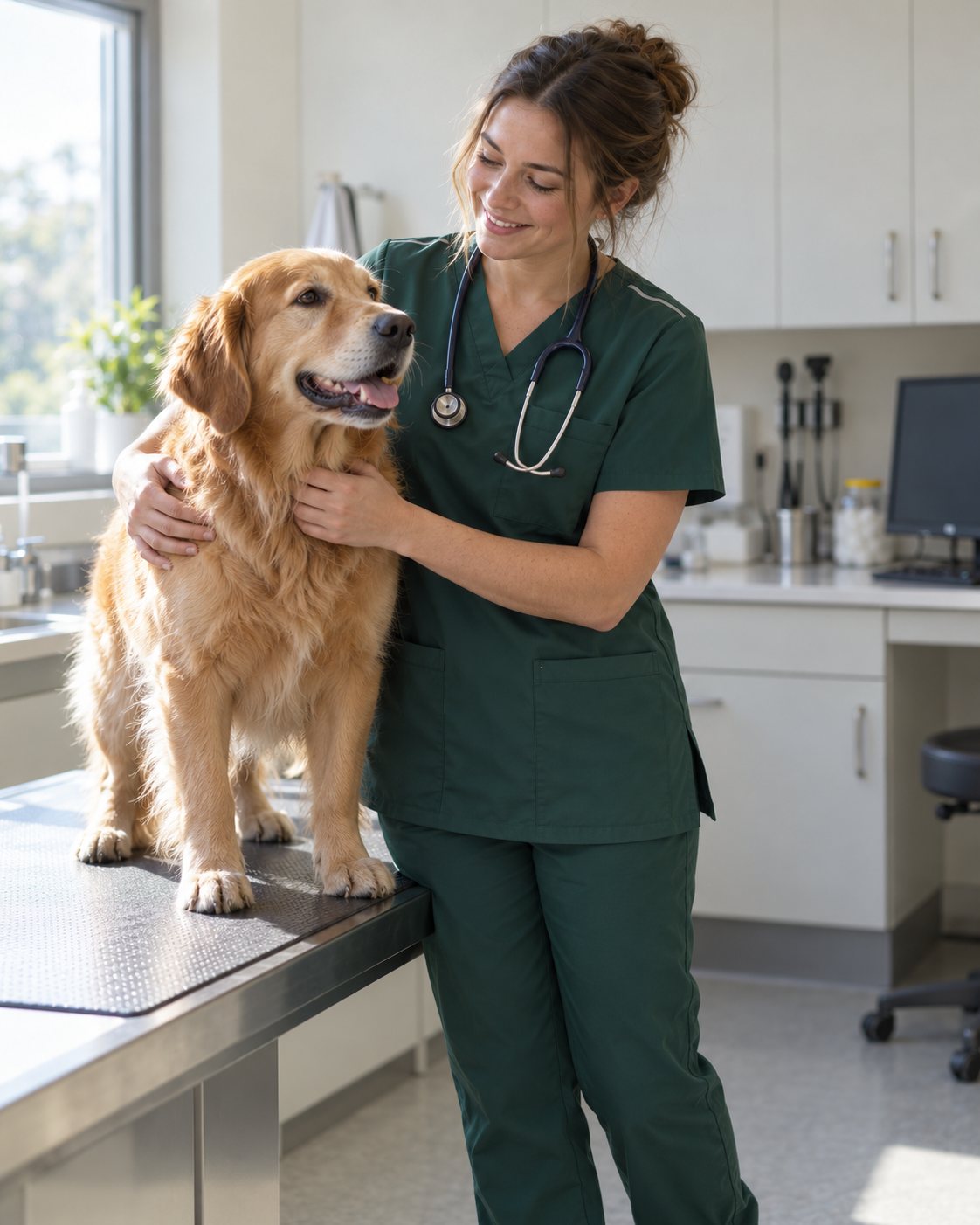 A vet in a Theatre Green tunic holding a dog in a veterinary clinic