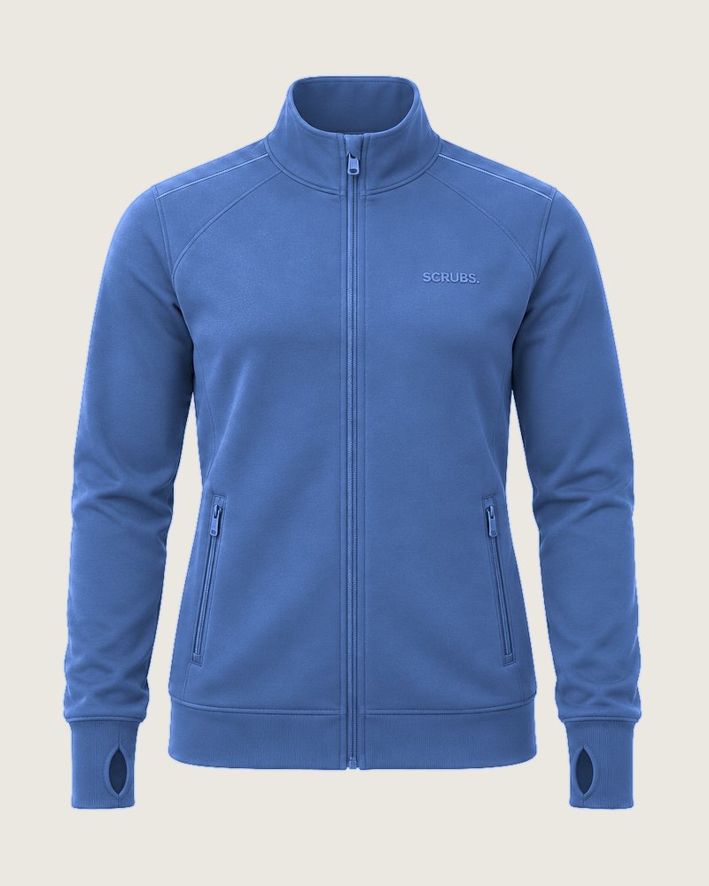 The Cover zip-through scrub jacket in Denim