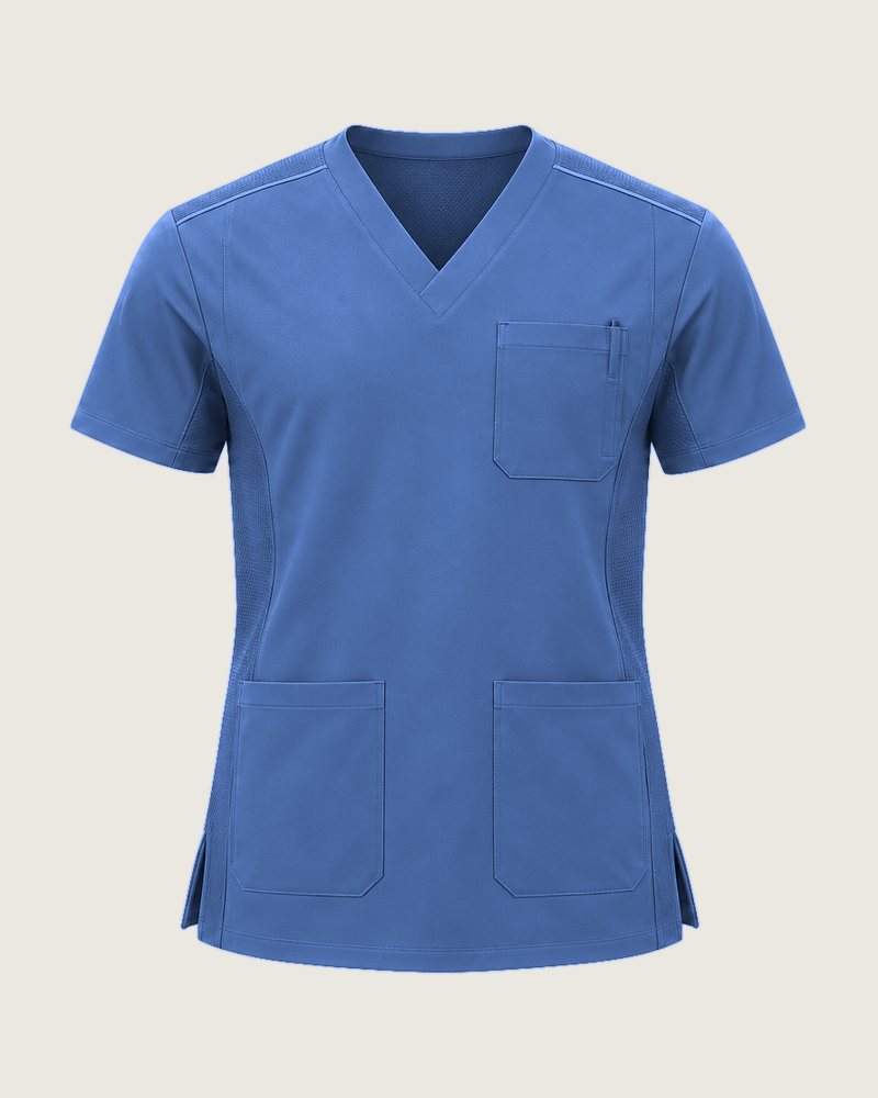 The Early three-pocket v-neck top in Denim