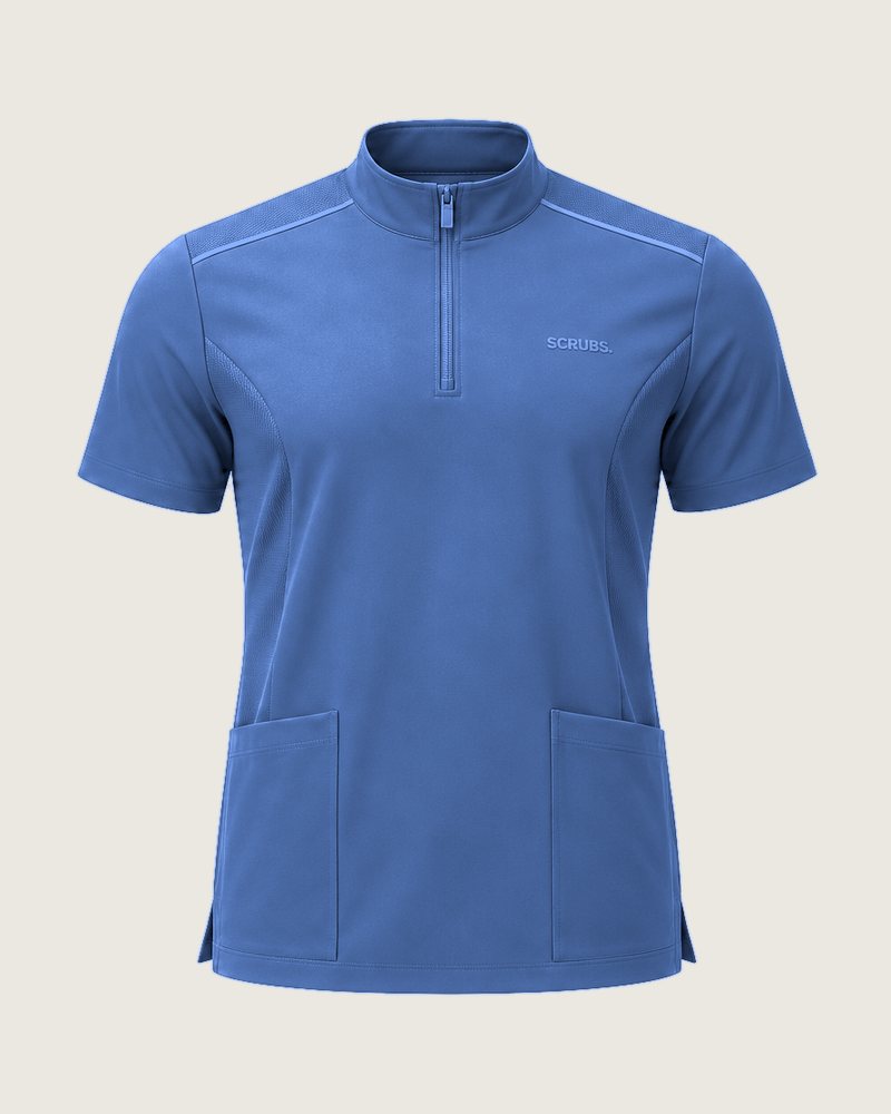 The Theatre mock-neck zip top in Denim