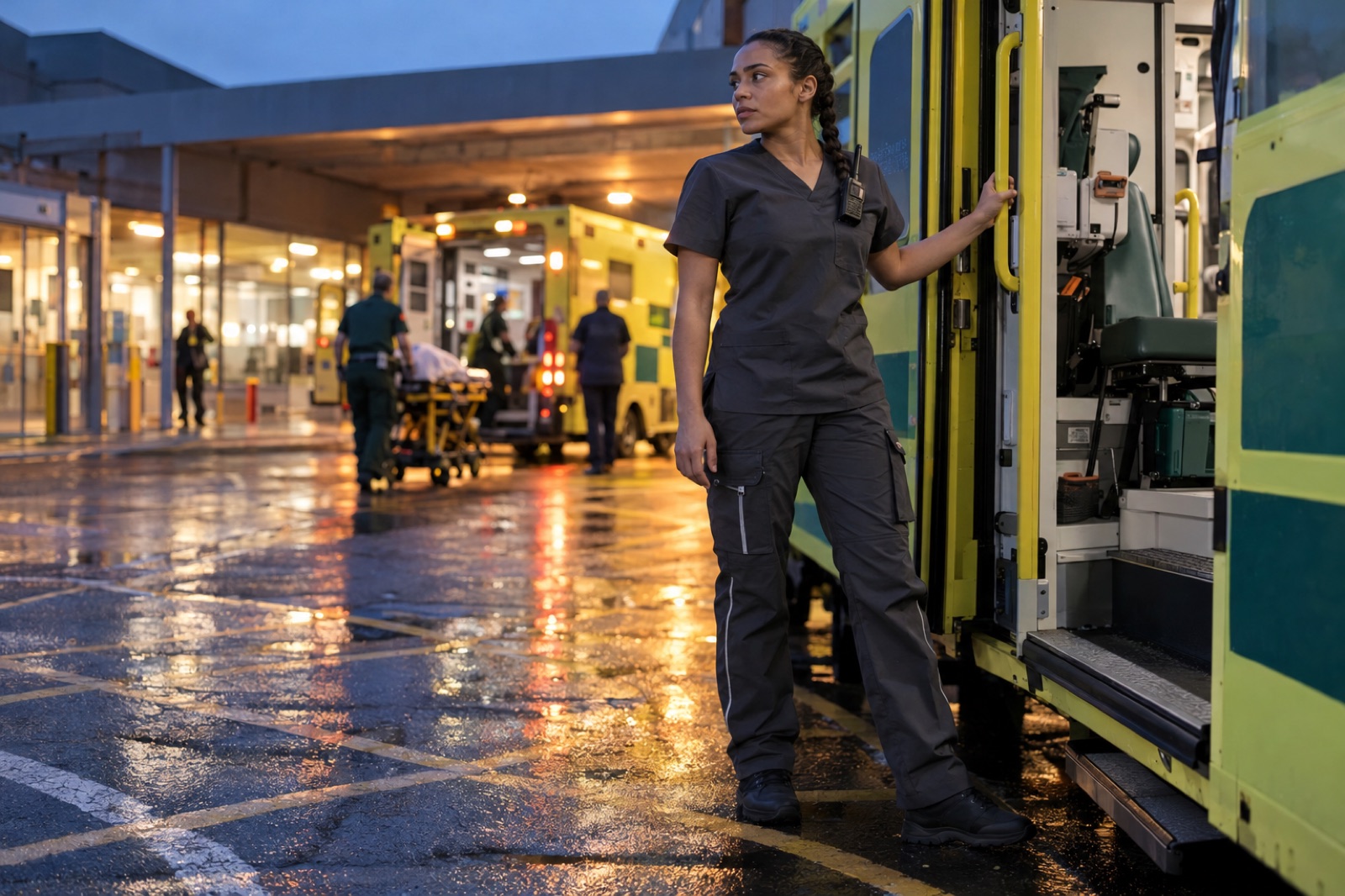 An emergency care assistant by an ambulance in the Handover top and Cargo trouser, Charcoal