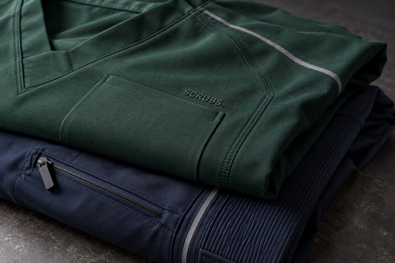 Macro of the Handover and Nightshift: bonded pocket edge, flatlock seam, raised SCRUBS. logo, reflective pinstripe and rib shin panel